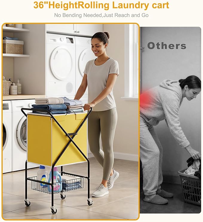 Convenient Laundry Basket with Wheels,36" High Easy Rolling Laundry Cart with Wheels,Heavy Duty Dirty Clothes Laundry Hamper with Handles Removable Bag for Seniors,Folding Metal Frame/Yellow/98L