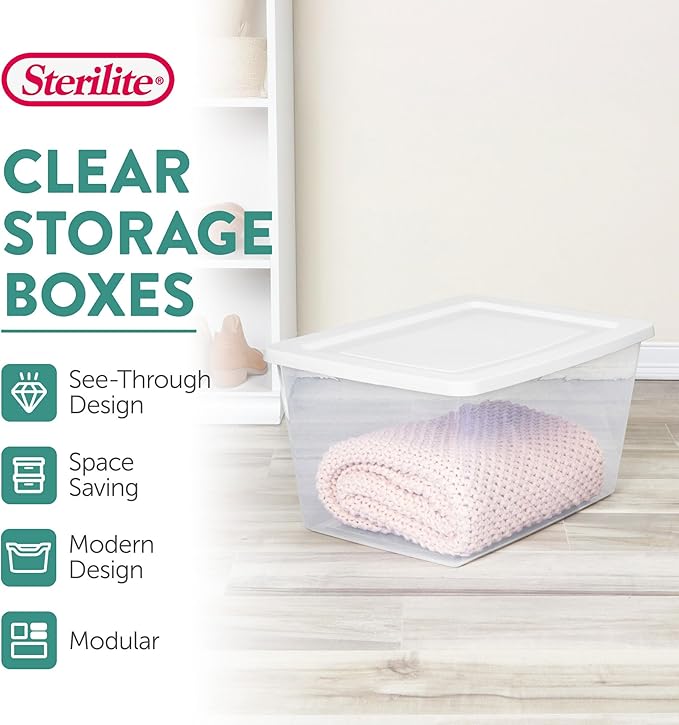 Sterilite 8-Pack Storage Box, Clear Plastic Storage Container Bins with Lids, 58 Quart - Heavy-Duty Organizing Containers for Closet, Bathroom, and Office