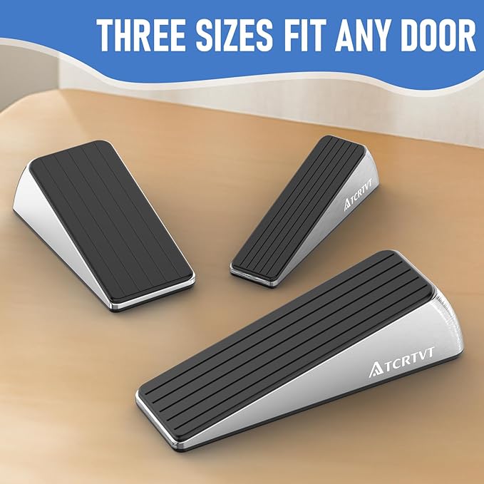 Heavy Duty Door Stopper Wedge - 2 Pack Widened Door Stop Wedge Made of Premium Quality Brushed Stainless Steel Suits Any Door, Any Floor with Set of 2 Plus Self-Adhesive Holder