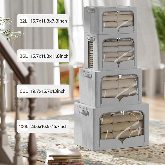 FHSQX 3 Pack Clothes Storage Bins Foldable Metal Frame Storage Box Stackable Linen Fabric Organizer Set with Carrying Handles and Clear Window (Light Gray, 15.7x11.8x11.8inch(36L))
