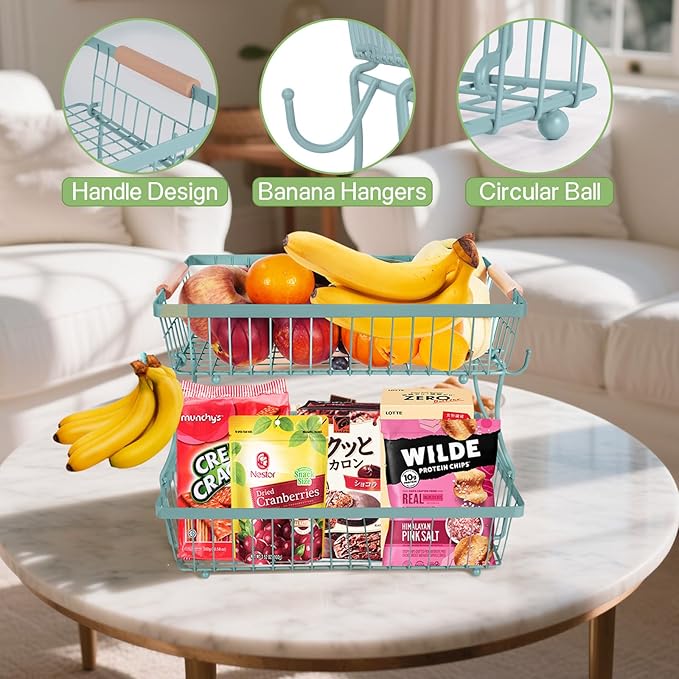 Fruit Basket Bowl 2 Tier Detachable with 2 Banana Hangers, Fruit Stand Holder for Kitchen Countertop, Metal Wire Vegetable Storage Organizer, for Bread Snack Veggies Produce, blue
