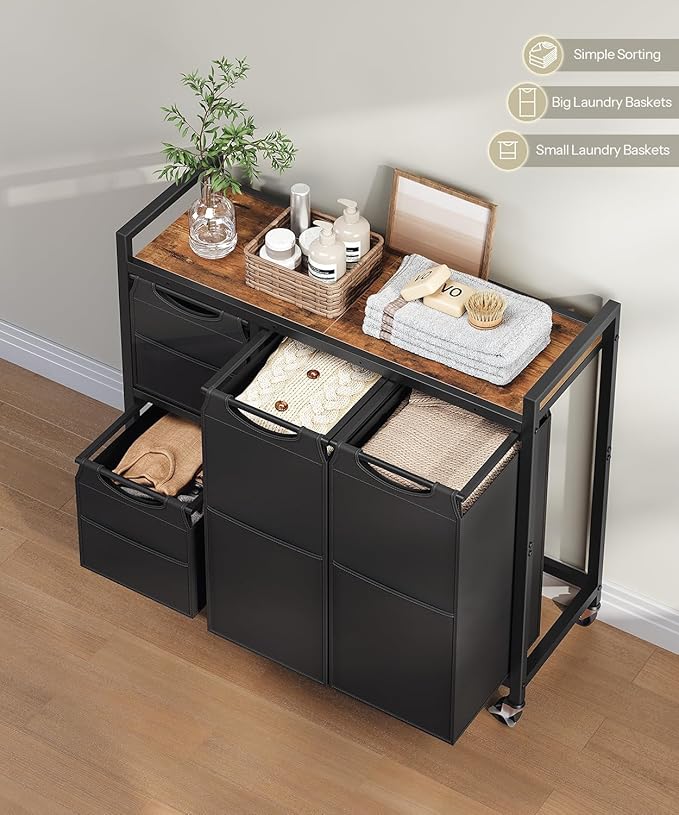 HOOBRO Laundry Sorter with 4 Section, 39 Gal. (147 L) Laundry Hamper with Wheels, Rolling Laundry Basket with Shelf, Pull-Out Detachable Bags, Side Pockets, Rustic Brown and Black BF14XY01N1