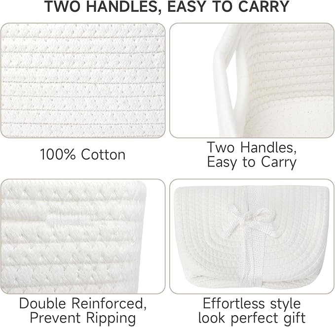 3-Pcs Shelf Baskets for Organizing, Closet Organizer Bins, Small Woven Baskets, Rope Toy Basket, Storage Basket for Shelves, Cube Decorative Box, 11.8×7.8×5.1”, White