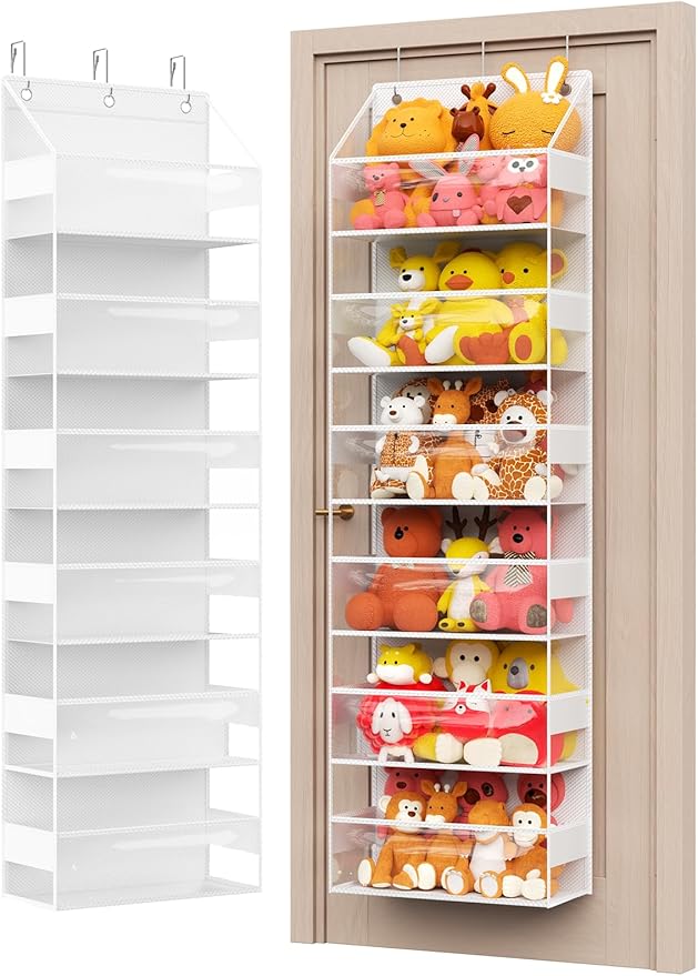 Over Door Storage Organizer, Stuffed Animal Storage, Hanging Organizer for Stuffies, 6 Shelves, Behind Door Storage for Bedroom, Nursery, Dorm Room, 1 Pack, Clear White