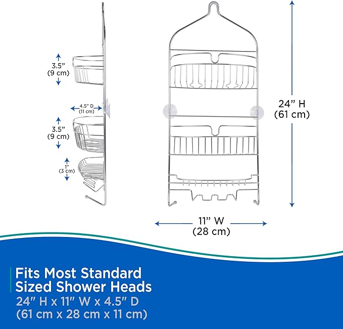 Kenney KN614151 Over the Shower Head 24" L x 11" W x 4.5" D Rust-Resistant Metal Wire Large 3-Shelf Hanging Caddy with Suction Cups and Razor Holders for Bathroom Shower, Chrome