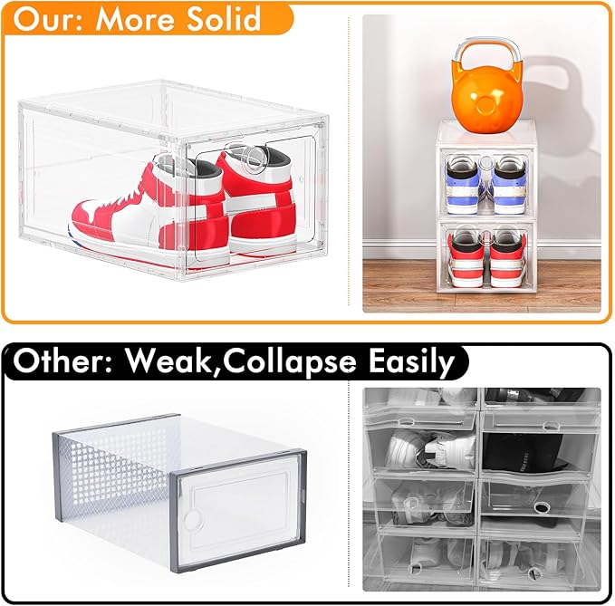 ARSTPEOE 6 Pack Upgrade Harder Shoe Organizer, Shoe Storage with Magnetic Front Door, Clear Shoe Boxes Foldable Space-Saving Shoe Rack for Sneaker Boot Container, White