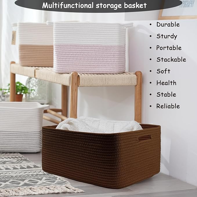 COMFY-HOMI 3 pcs Large Storage Baskets for Shelves, Laundry Basket, Woven Rope Basket, Closet Organizer Bins for Clothes Blanket Towels, Baby Nursery, Gift Toy Baskets, 17” x 13” x 7.5”-Dark Brown