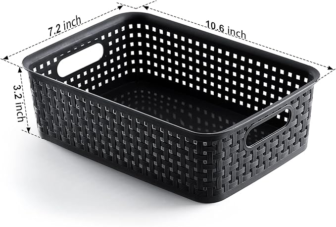 [ 8 Pack ] Plastic Storage Baskets, Small Pantry Organization and Storage Bins, Household Organizers for Laundry Room, Bathrooms, Kitchens, Cabinets, Countertops, Under Sink or Shelves, Black