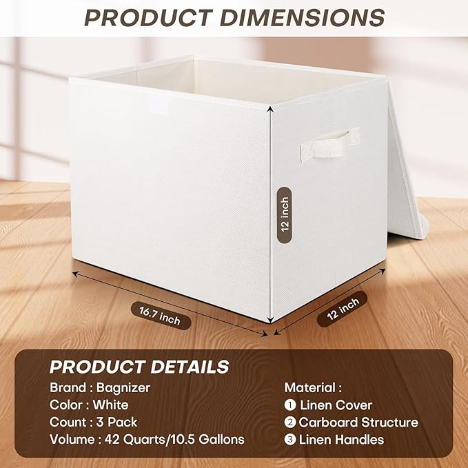 Large 17" 42 Quarts Collapsible Stackable Storage Bins with Lids [3-Pack] Foldable Fabric Linen Storage Boxes Cube, Closet Organizer Baskets with Label (16.7 x 12 x 12, White)