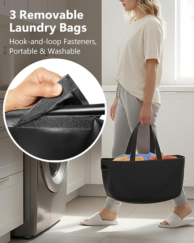 Moforoco Vertical Laundry Sorter 3 Section with Shelf, Laundry Hamper with Removable Bag, 120 L Laundry Baskets organizer for Bathroom, Apartment, Dorm Room, Black