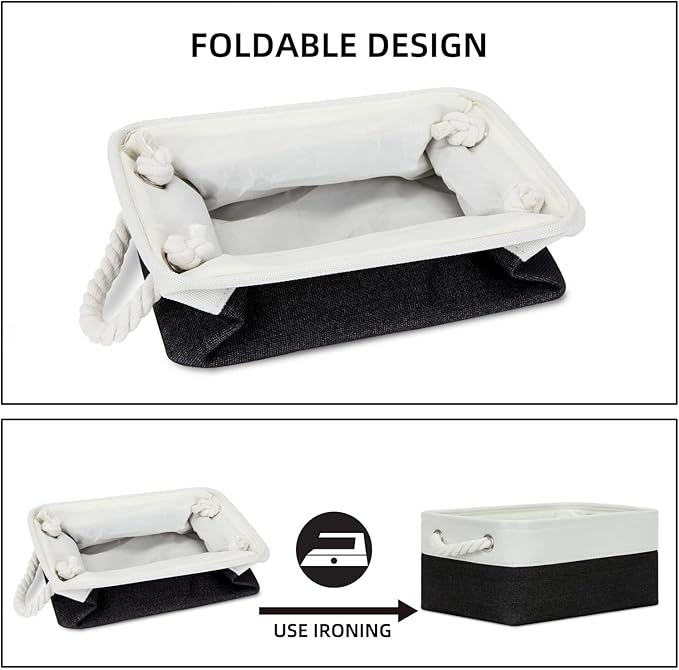 Bidtakay Small Canvas Storage Baskets with Handles Collapsible Rectangular Fabric Baskets for Dog Toys Small Toy Organizer Bins for Shelf Bookcase Linen Rectangle Bins for Nursery Baby Storage