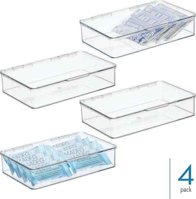 iDesign Plastic Stackable Hinged-Lid Pantry or Kitchen Storage Box - Set of 4 - Clear
