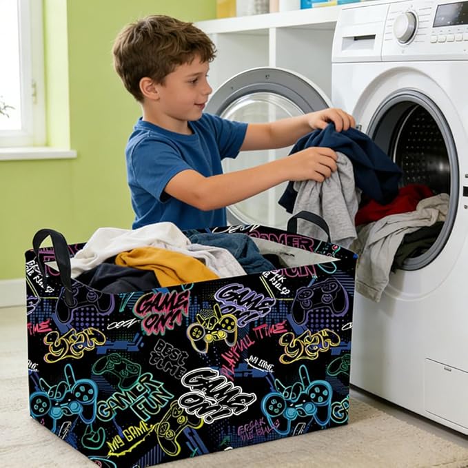 Rectangular Kids Baskets,Waterproof Foldable Storage Basket with Handles,Games Basket,Boys Room DecorGame Storage Bin,Shelf Baskets(Cool Game)