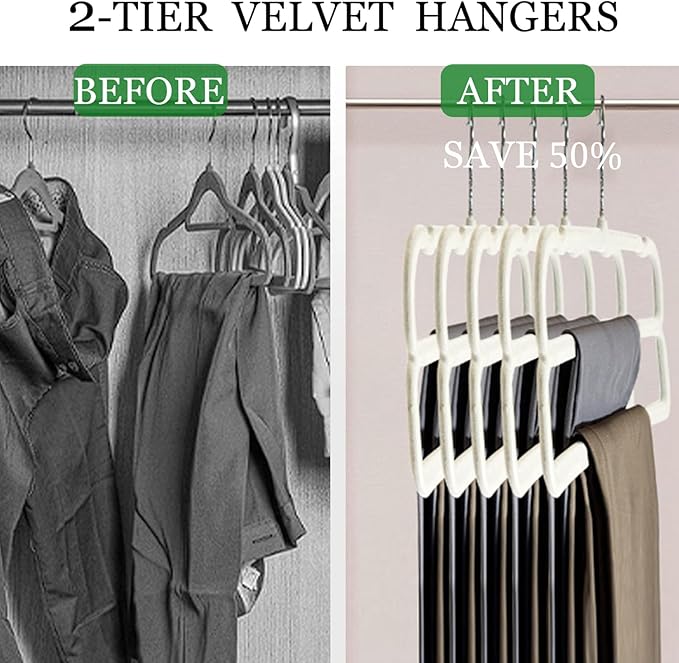 Velvet Pants Hangers 10 Pack,2 Tier Jeans Hanger,Premium Non Slip,Thin Space Saving Slim Trousers Hanger,13.77inch