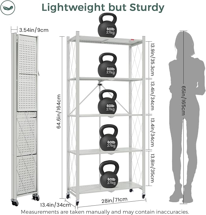 DEANIC 5 Tier Foldable Storage Shelves with Wheels, Large Capacity Shelving Unit, Freestanding Metal Wire Shelf Rack, No Assembly Organizer Rack for Garage Kitchen, Basement, Pantry(Grey)