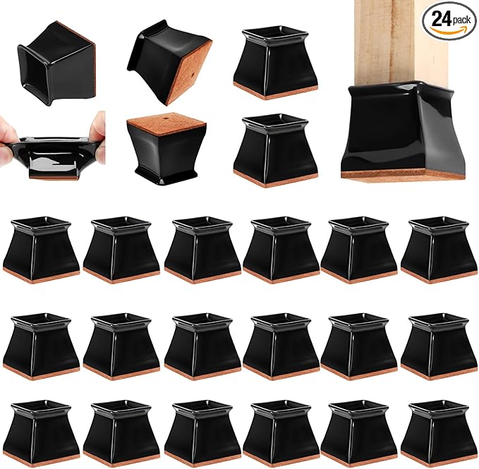 CHUNZEXI 24 Pack Square Chair Leg Floor Protectors for Hardwood Floors, Silicone Felt Covers Pads Caps, Protect Wood Furniture Feet Floors Noise Reduce and Scratch (Square Large & Black)
