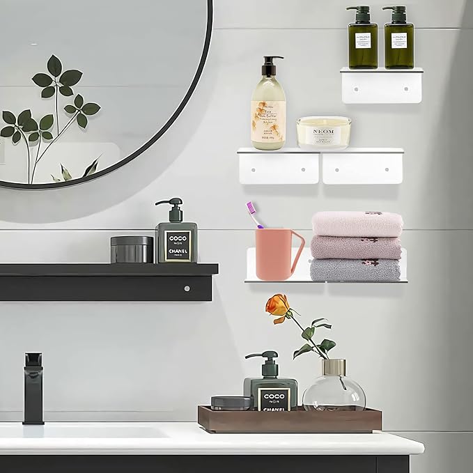 PuzFun 6 Pack Small Acrylic Floating Shelves for Wall, Wall Mounted Hanging Display Shelves for Plants, Funko Pop Figures, Adhesive Shelf for Bedroom, Picture Toy Clear Display Shelf