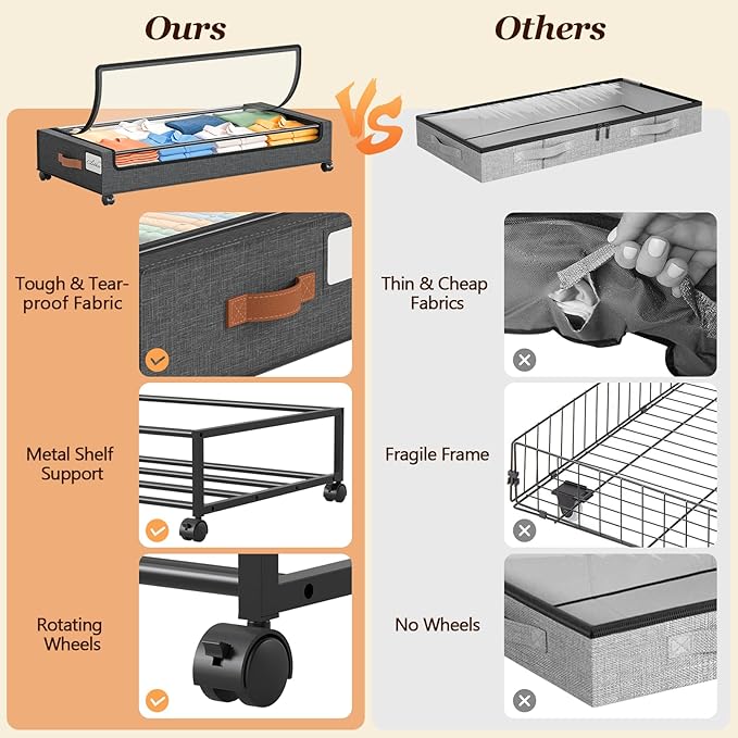 Yecaye 70L Under Bed Storage with Wheels, 3 Pack Larger Capacity Under Bed Storage Containers, Underbed Shoe Storage Organizer, Rolling Under Bed Metal Drawers for Clothes, Blankets, Hemp Grey