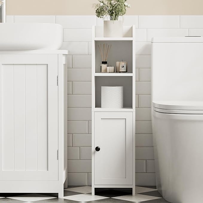 Homhedy Small Bathroom Storage Corner Floor Cabinet with Door and Shelves, Beside The Toilet Paper Stand for Skinny, Narrow Toilet Paper Cabinet, 9.8" D x 7.9" W x 31" H, White