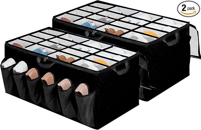 Extra Large Fabric Shoe Organizer for Closet, Fits up to 28 Pairs, Foldable Shoe Storage Bin Containers with Adjustable Dividers and Clear Cover, Black, 2 Pack