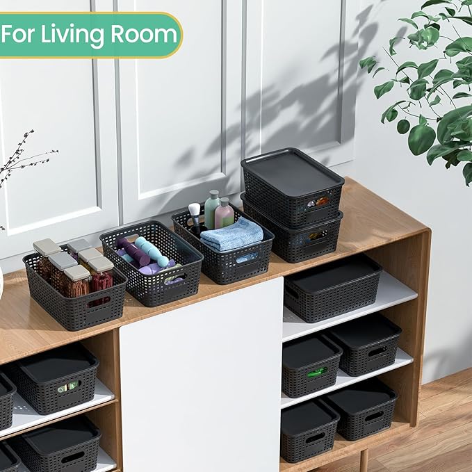 Plastic Storage Baskets with Lid-Plastic Storage Containers Stackable Storage bins: Storage Baskets for Organizing Shelves Drawers Desktop Closet Playroom Classroom Office, 8Pack-Black10.2x7.2x4.1Inch