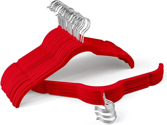 SIshynio 30 Pack Velvet Hangers – Non-Slip Slim Clothes Hangers with 360° Swivel Hook, Heavy Duty Flocked Shirt Hangers for Dresses, Suits, Blouses, Coats(Red)