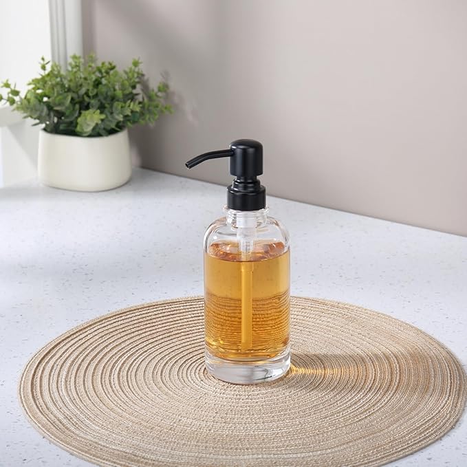 Bathroom Soap Dispenser Black, 11 oz Glass Cylindrical Bottles with Stainless Steel Pump Liquid Hand Soap Dispenser Kitchen
