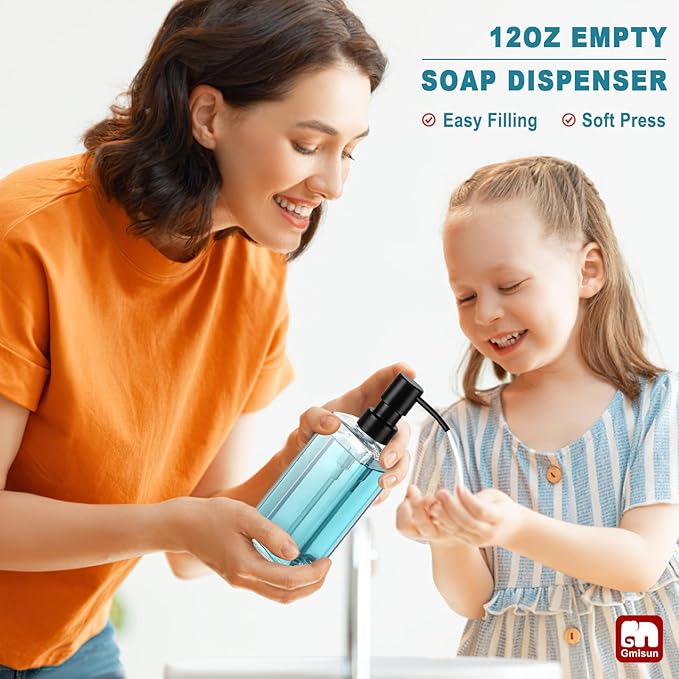 GMISUN Glass Soap Dispenser with Stainless Steel Pump, Clear Hand Soap Dispenser for Bathroom, 12 fl oz/350ml Refillable Dish Dispenser for Kitchen, Modern Liquid Soap and Lotion Bottle for Countertop