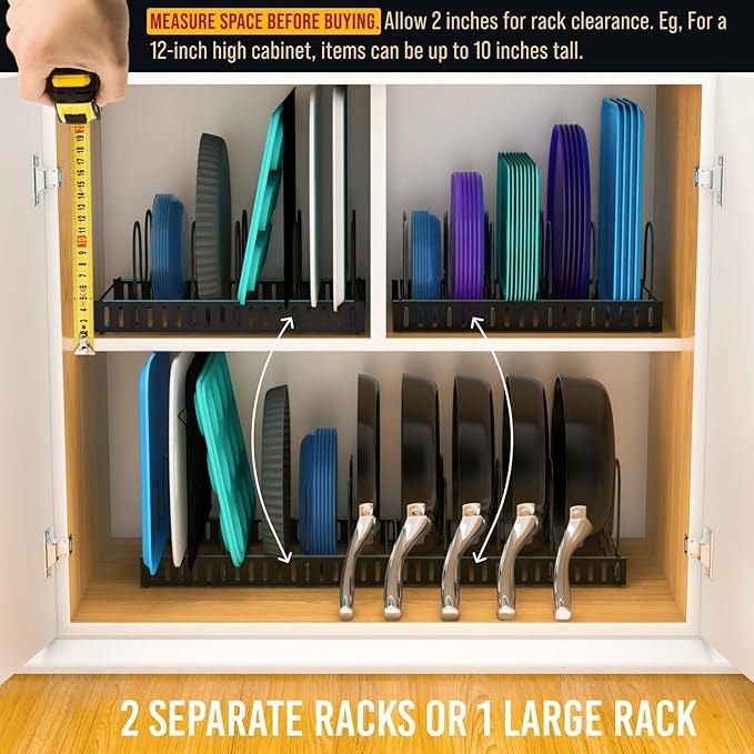 Norcalway Adjustable Bakeware Pots and Pans Organizer Under Cabinet,14 Dividers Cookie Sheet Baking Pan Pot Lid Organizers