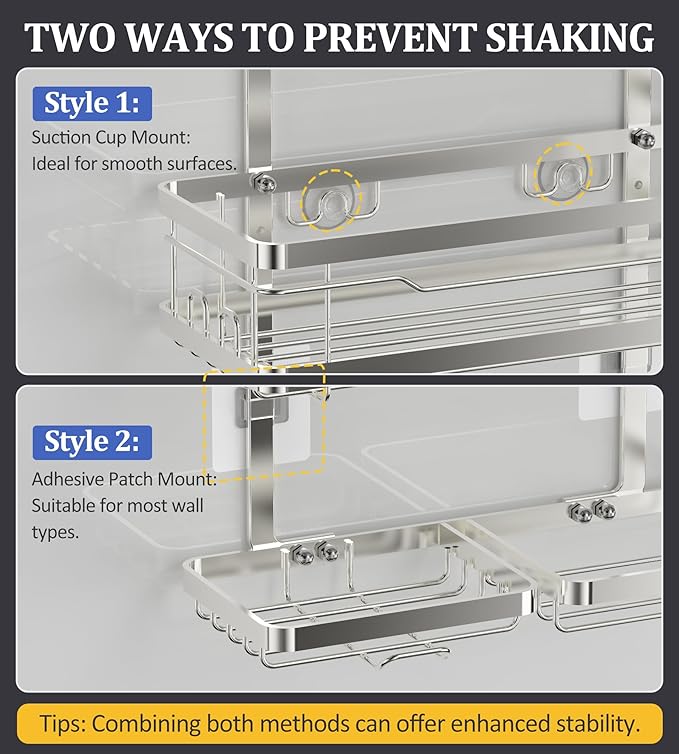 OMAIRA Shower Caddy Hanging with Soap Scrub Holder, Stainless Steel Adjustable No Drilling Non-Slip Large Capacity Sturdy Over Shower Head Shower Organizer Inside Shelves Bathroom Storage Rack, Silver