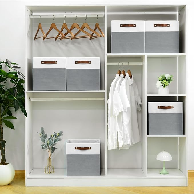 6-Pack Storage Cubes with Handles & Label Holders Basket, Closet Cube Home Organizer Bins(White/Dark Grey, 13 x 13 x 13 inch)