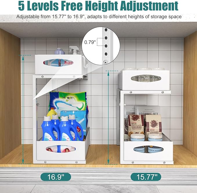 Housolution Under Sink Organizer, 2 Tier Metal Pull Out Under Sink Storage with Sliding Mesh Drawers, Height Adjustable Slide Out Under Sink Organizer for Kitchen Bathroom Cabinet, 2 Pack, White