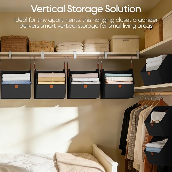 Collapsible Hanging Closet Organizer - 3 Tier Closet Shelves Storage System with Hooks, Fabric Hanging Storage Bins for Clothes, Foldable Storage Basket for Laundry, Bedroom, Rv, Black