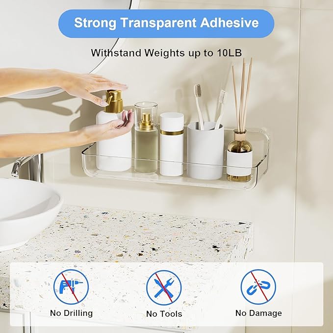 Diesisa Acrylic Wall Mounted Shower Caddy, Clear, Large Size 12.8L x 4" W x 3.3" H, Acrylic Shelf, No Drilling Walls Adhesive Shelf, Bathroom Shelves with Self Adhesive Tape for Bathroom, Kitchen
