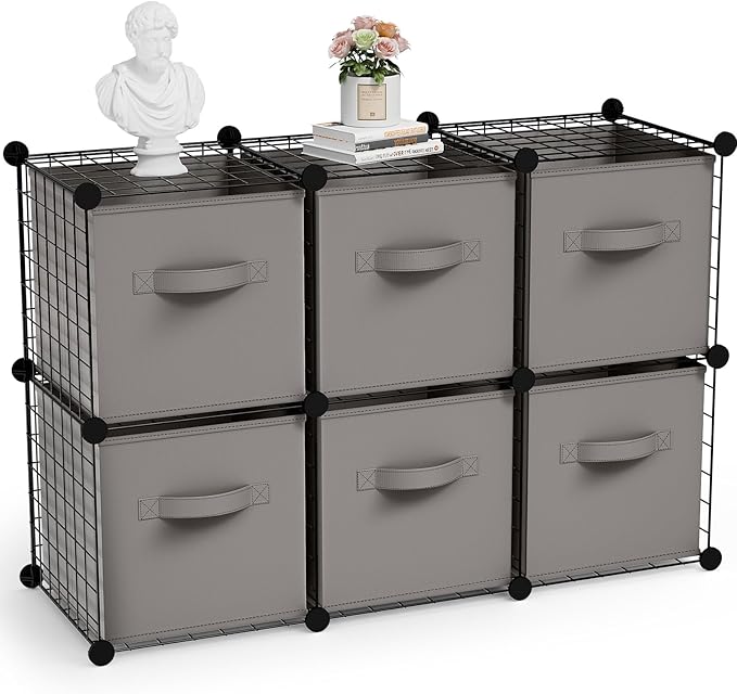 Leinuosen 6 Cube Storage Organizer with Fabric Bins, Wire Grid Stackable Shelves, Drawer Closet Organizer, Modular Storage Units for Bedroom Living Room Office Clothes Toys Crafts(Black,Gray)