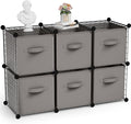 Leinuosen 6 Cube Storage Organizer with Fabric Bins, Wire Grid Stackable Shelves, Drawer Closet Organizer, Modular Storage Units for Bedroom Living Room Office Clothes Toys Crafts(Black,Gray)