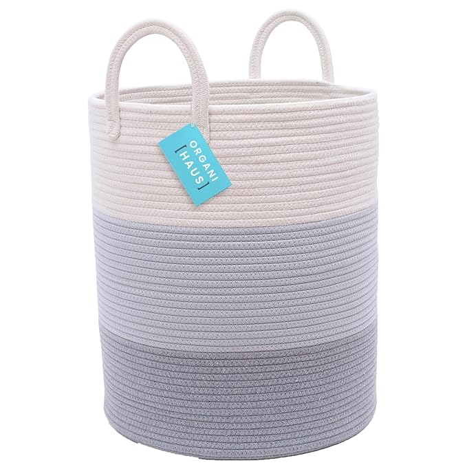 OrganiHaus Large Gray Woven Laundry Basket w/Handles 52L, Rope Dirty Clothes Hamper, Blanket Basket for Living Room, Baby Laundry Hamper for Nursery, Soft & Durable Decorative Organizer Bin