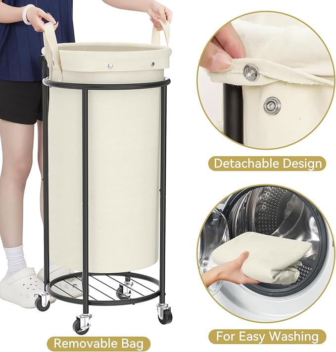 Chrislley 110L Laundry Hamper with Wheels,Rolling Laundry Basket with Removable Bag,Round Iron Laundry Cart with Steel Frame and Handle,Dirty Clothes Hamper Organizer for Dorm,Laundry Room(Beige)