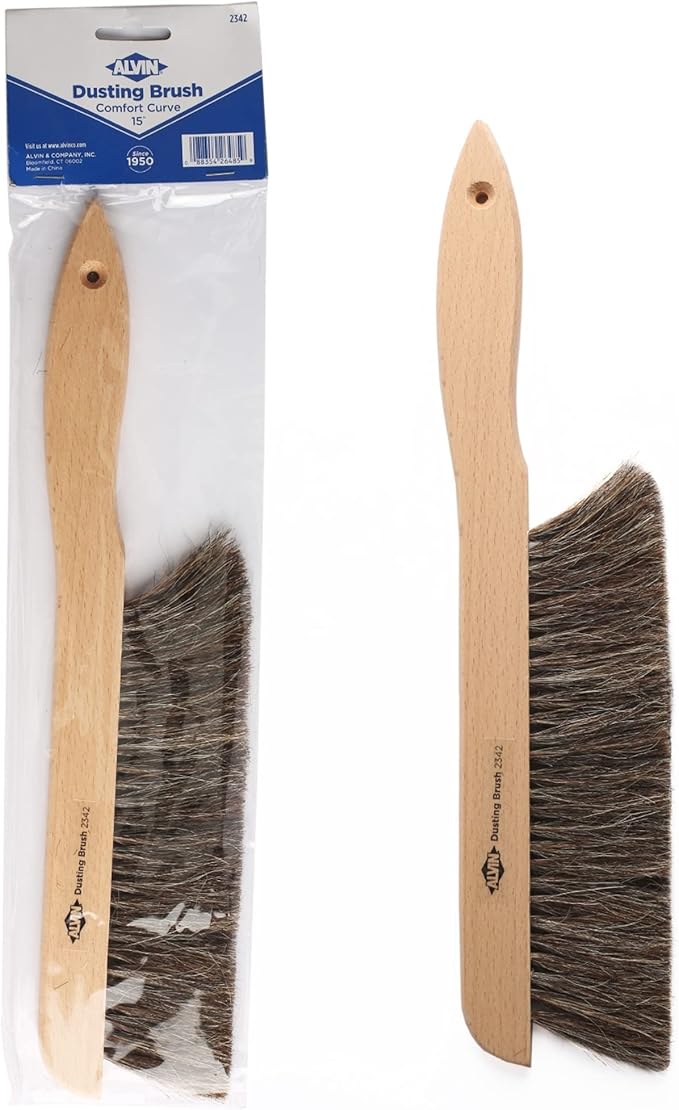 ALVIN 2342 Comfort Curve Dusting Brush, 100% Horsehair and Wood Handle, Art, Drafting, and Architecture Cleaning Tool, Great for Students, Hobbyists, and Professionals - 15 Inch
