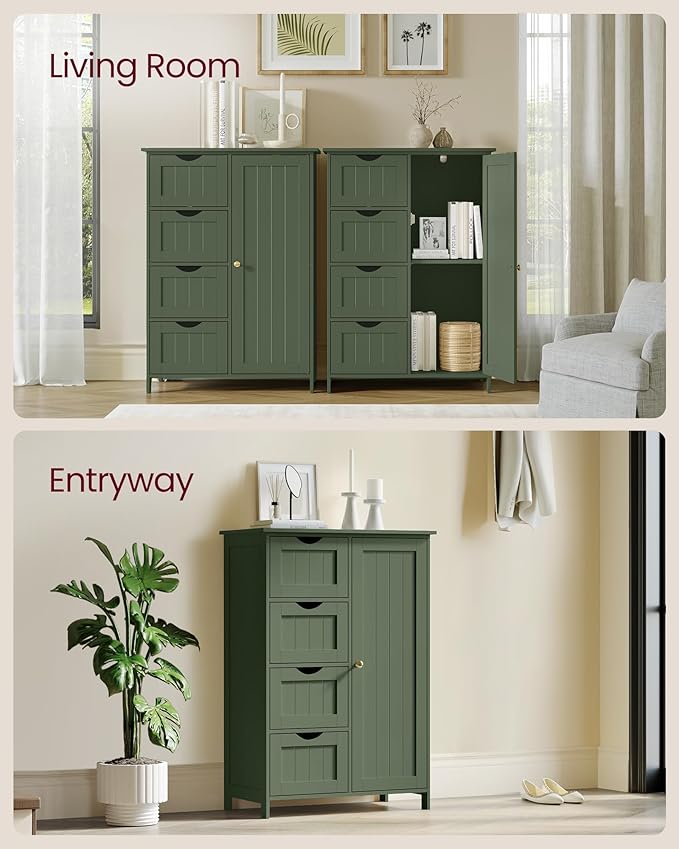 VASAGLE Storage Cabinet with Drawers, Freestanding Floor Cabinet with Door, 11.8 x 21.7 x 32.3 Inches, Adjustable Shelf, for Bathroom, Living Room, Kitchen, Forest Green ULHC041CH01S