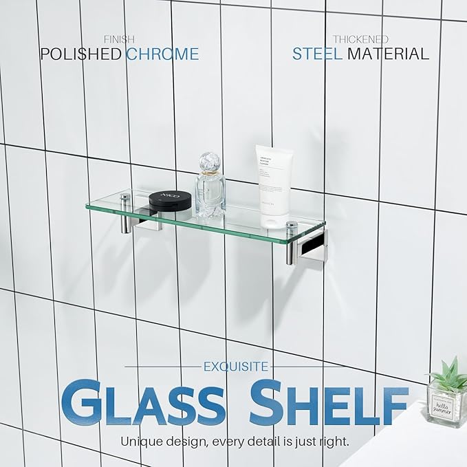 KOKOSIRI Bathroom Shelves Wall Mounted Floating Glass Shelf Polished Stainless Steel 16-Inch Small Hanging Rack for Storage/Room Decor B1105CH-L16