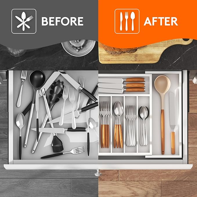 Lifewit Silverware Drawer Organizer, Expandable Utensil Tray for Kitchen, Flatware and Cutlery Holder, Wood Adjustable Storage for Spoons Forks Knives, 13-22x15/ 33-56x38cm, White