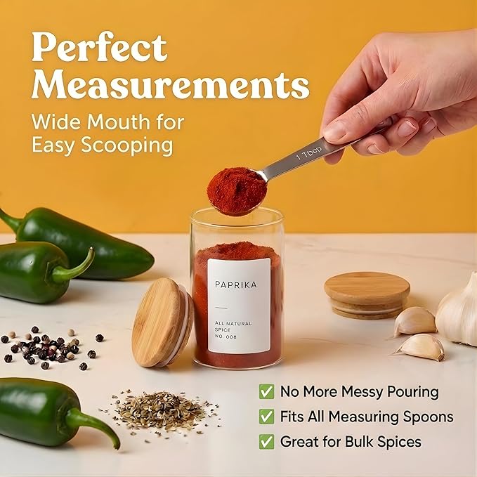 Empty Spice Jars with Label Pack (12x Bamboo Lid Glass Jar). Small 6oz Spice Storage Bottles with 112 Printed Stickers and 48 Writable Pantry Labels for Seasoning Containers