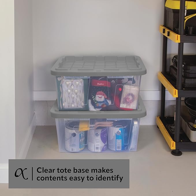 CX BLACK & YELLOW 27-Gallon Heavy Duty Clear Storage Bins with Lids, Stackable Plastic Storage Bins with Weather-Resistant Design, Home Organization, Clear & Grey, 4 Pack (14.3H x 20.6W x 30.6D)