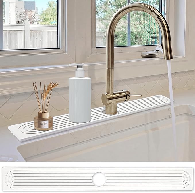 Stone Faucet Mat for Kitchen Sink- 23.6''x 3.9''Diatomite Fast-Drying Faucet Mat, Super Water Absorbing Stone Tray for Sink,Faucet Splash Guard for Bathroom Counter (White)