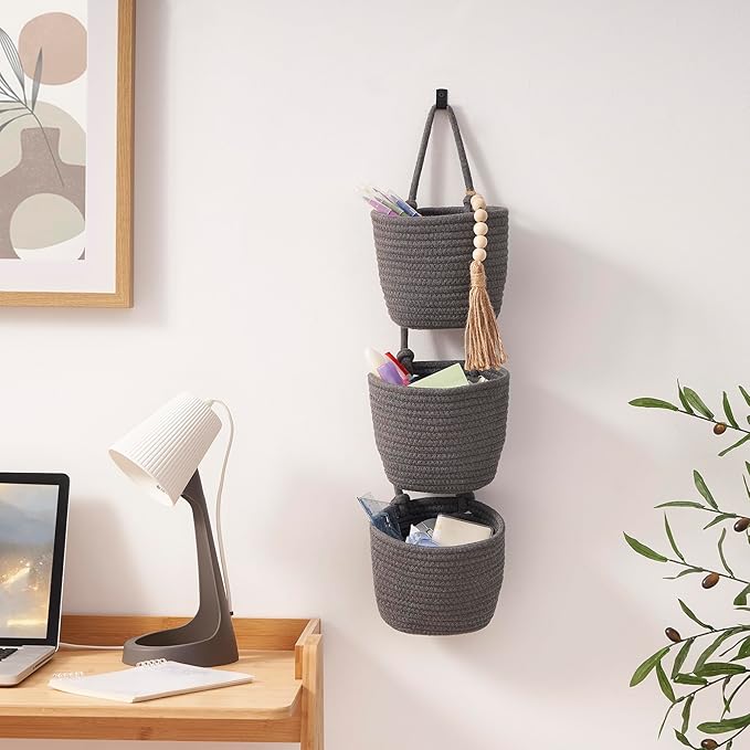 Fabric Wall Hanging Organizers - Small Woven Baskets Pouches Set Boho Style Wall Mounted Bag with Adhesive Hook, Storage Decoration Pocket Caddy for Closet Playroom RV Nursery (Gray & Black)