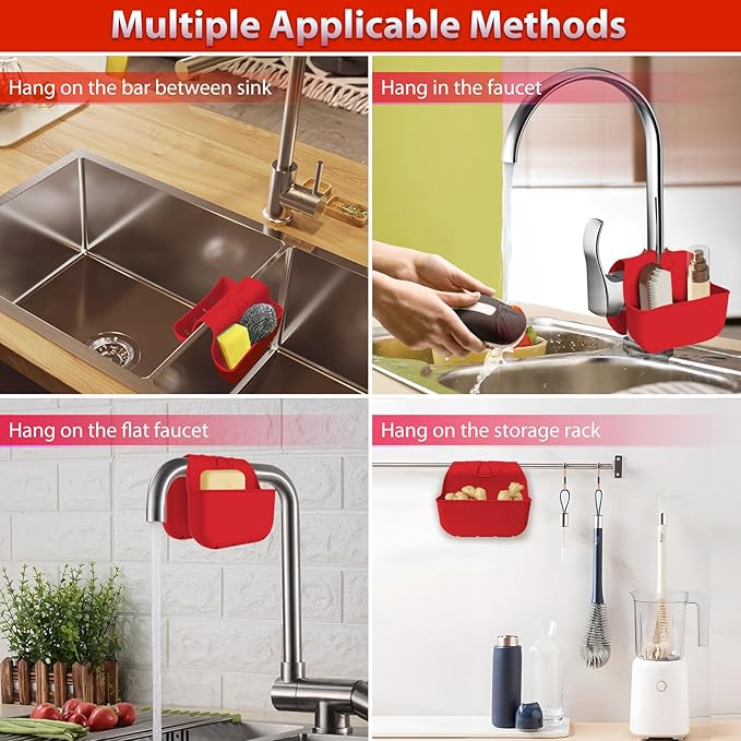 Sponge Holder for Kitchen Sink, Silicone Sink Saddle Caddy Organizer Rack, Sponges Holder Over Faucet, Hanging Kitchen Organizer Accessories Rack Basket - Red