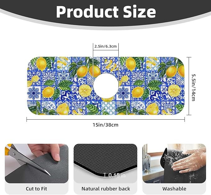 Yellow Lemon Mediterranean Lemons And Blue Tiles Kitchen Sink Splash Guard Faucet Mat Super Absorbent Fast Drying Mat Sink Gadgets-Fast Drying Pad Sink Mat For Kitchen Bathroom (15" X 5.5" )