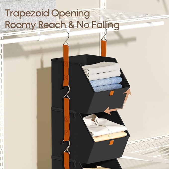 Collapsible Hanging Closet Organizer - 3 Tier Closet Shelves Storage System with Hooks, Fabric Hanging Storage Bins for Clothes, Foldable Storage Basket for Laundry, Bedroom, Rv, Black