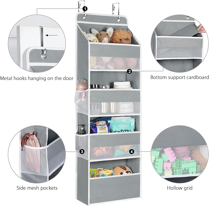Univivi 4-Shelf Door Hanging Organizer Baby Door Storage Wall Mount Storage with 4 Large Pockets and 4 Side Mesh Pockets for Baby Stuff, Toiletries and Sundries
